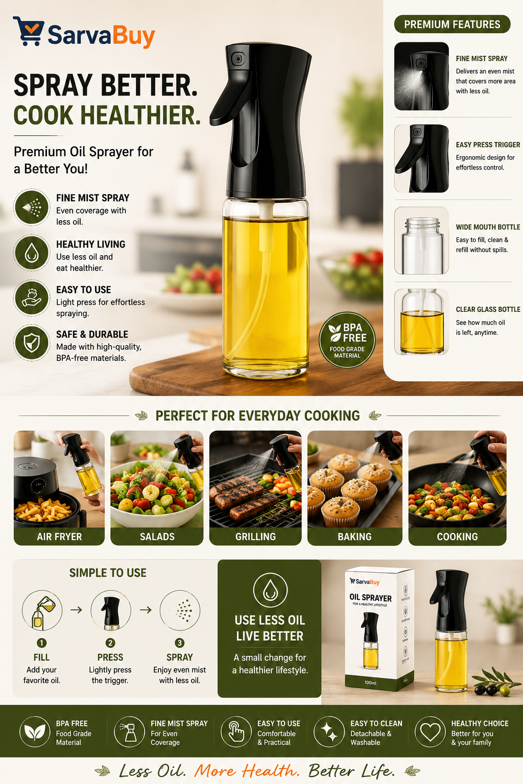 Glass Premium Oil Spray Bottle - (300 Ml Approx  1 Pc)